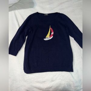 Talbots Women's Navy 3/4 Sleeve SAILBOAT 100% Cotton Knit Pullover Sweater P